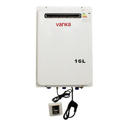 เครื่องทําน้ําร้อนก๊าซกลางแจ้งขนาดใหญ่ 16L เครื่องทําน้ําร้อนภายนอกที่ติดติดผนัง เครื่องทําน้ําร้อนที่ไม่มีถัง 220V